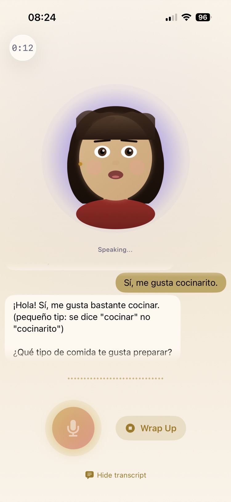 Fonvo voice conversation with Luna — Spanish tutor correcting mistakes in real time